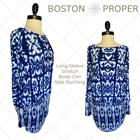 Boston Proper Blue Ikat Dress BodyCon Long Sleeve Summer Dress Pool Beach Resort - Picture 1 of 12